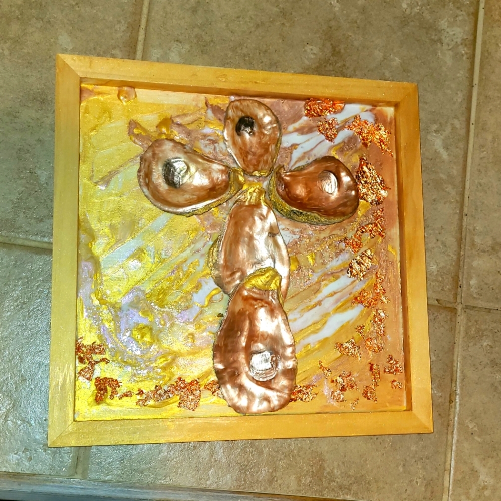 Rose gold oyster Angel or cross on wood